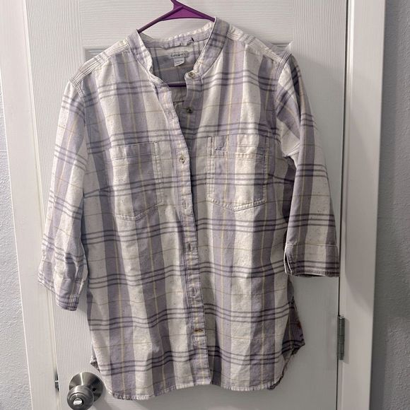 Carhartt Women's Relaxed Fit 3/4 Sleeve Plaid Shirt Gule Gray purple tan Large - Picture 1 of 12
